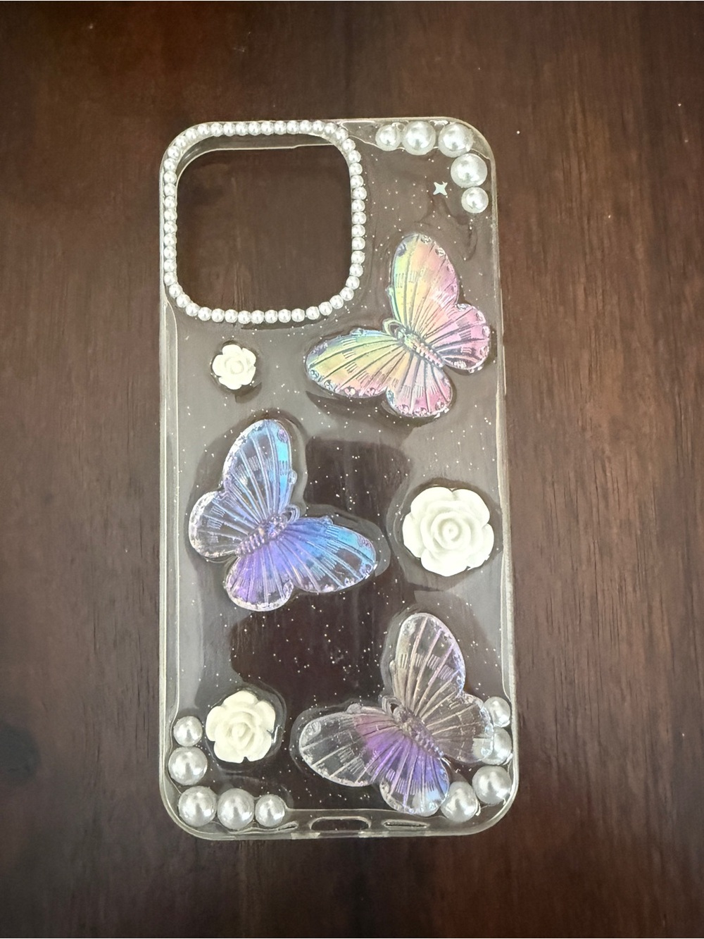 Florican Retro Glitter Butterfly & Pearl Phone Case - iPhone 15 Pro Max.